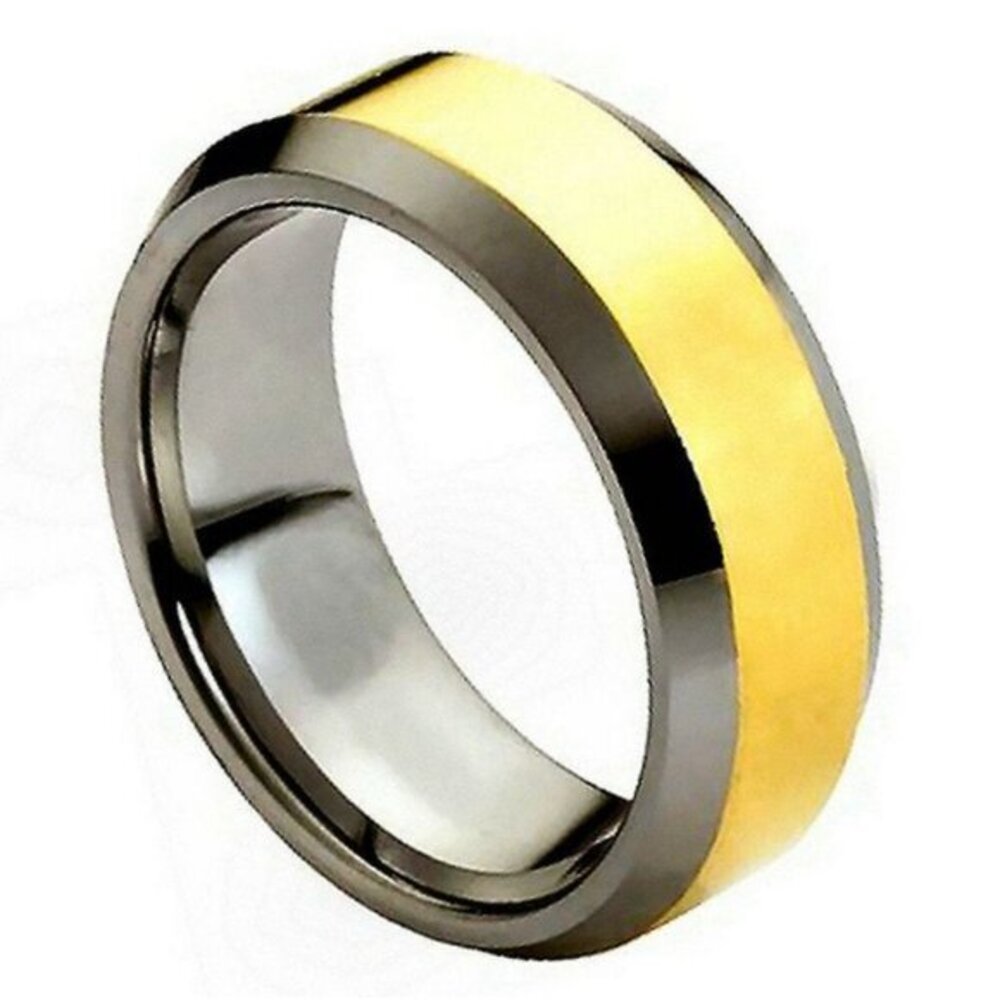 8mm Men Women Tungsten Ring Polished Shiny Gold plated Center & Beveled Edge